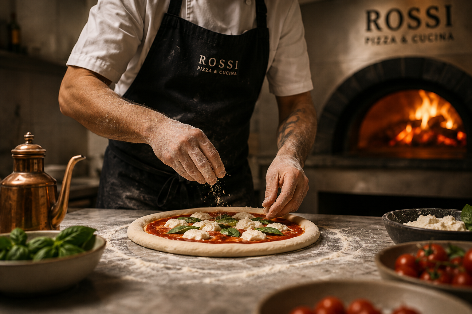 Preparazione artigianale della pizza da Rossi